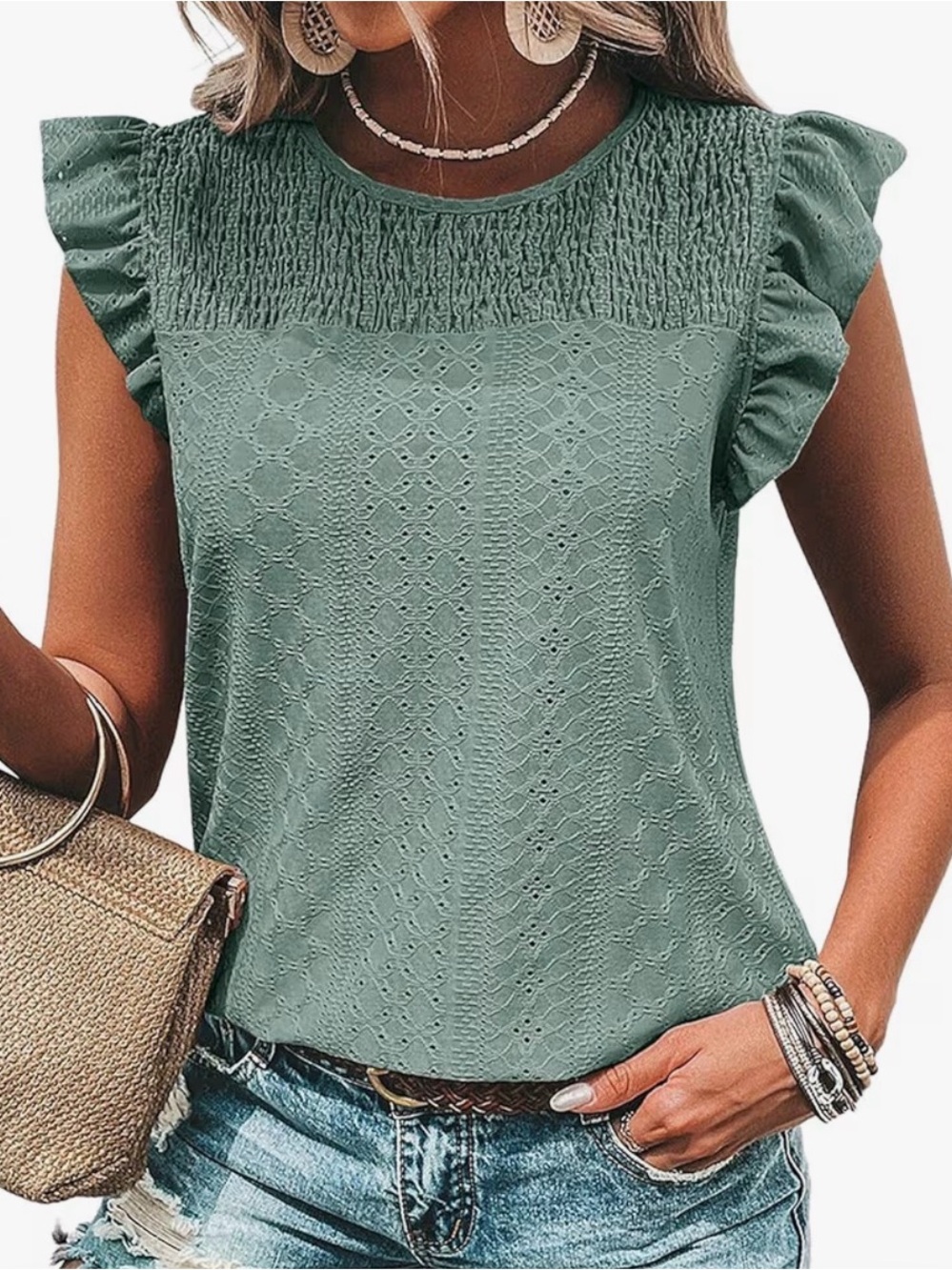 NWOT Smocked Eyelet Flutter Sleeve Blouse — Sage /Mint Green